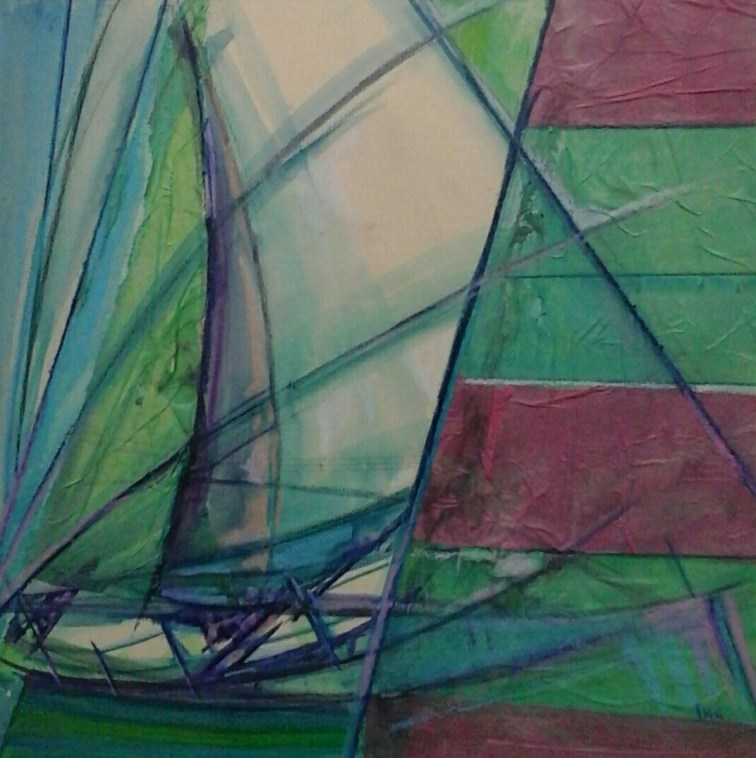 green boat with sail abstract red background