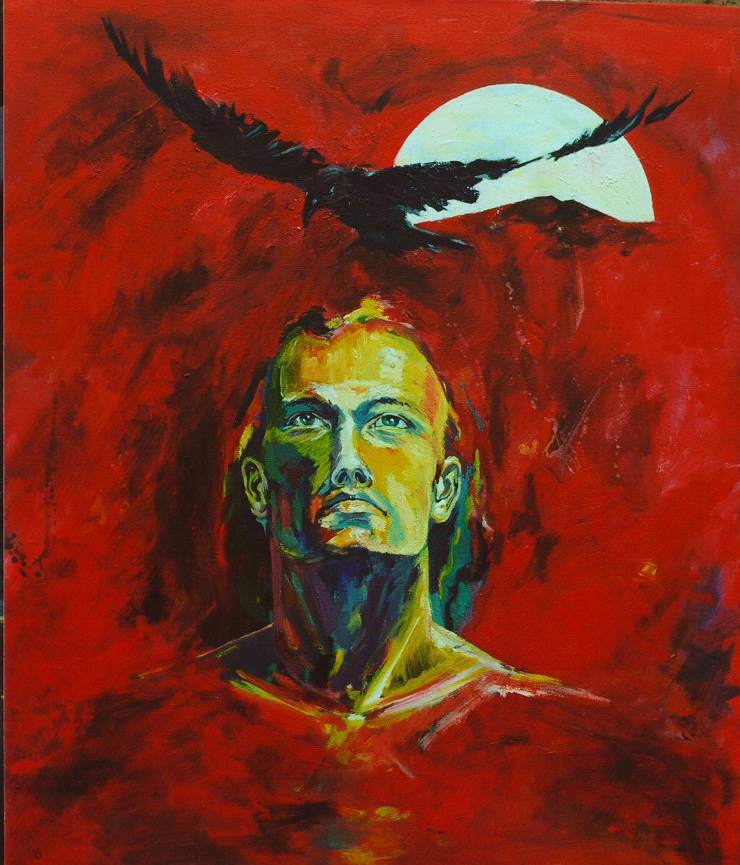 male bust black crow with sun red background