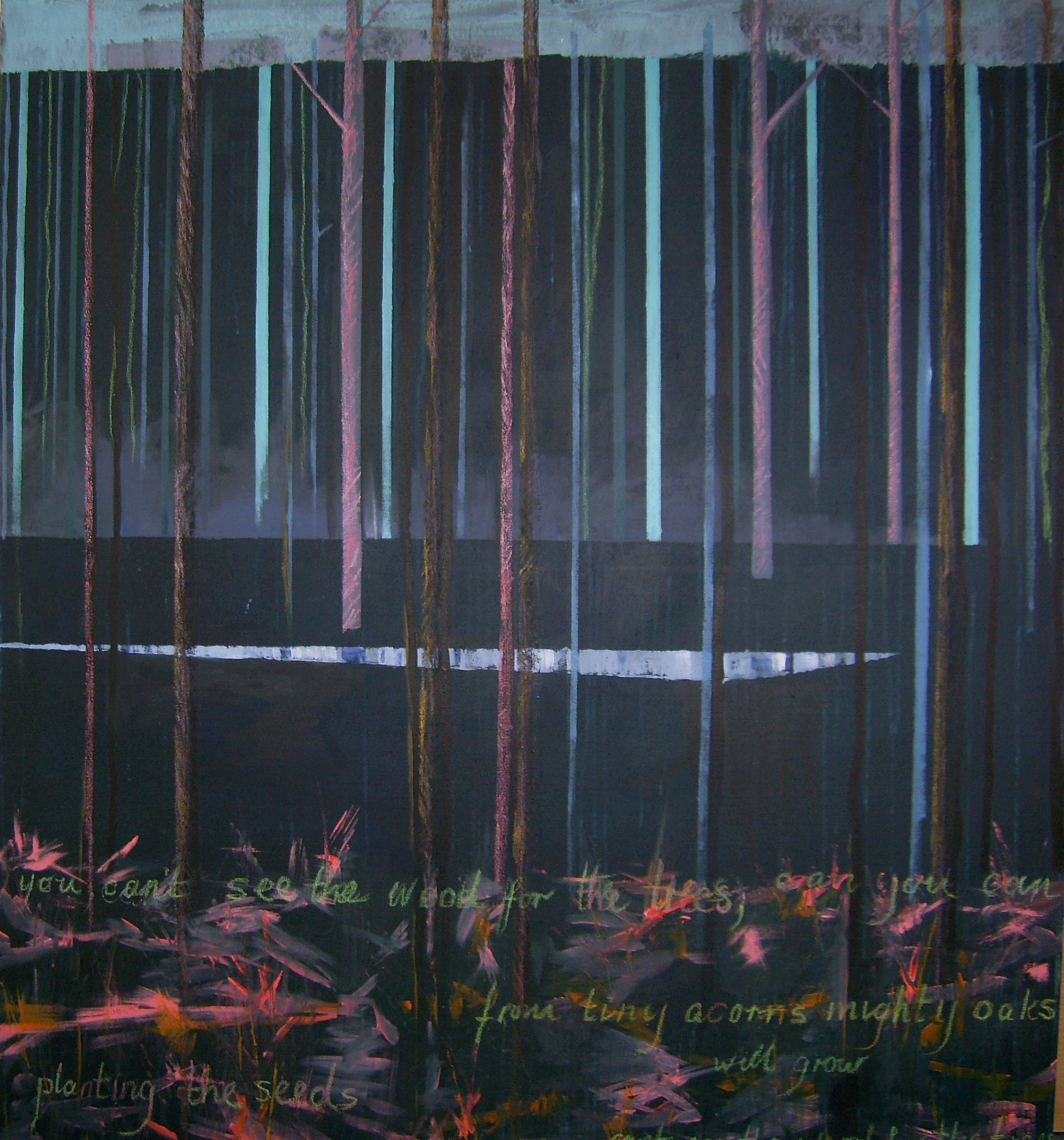 dark trees lines with text