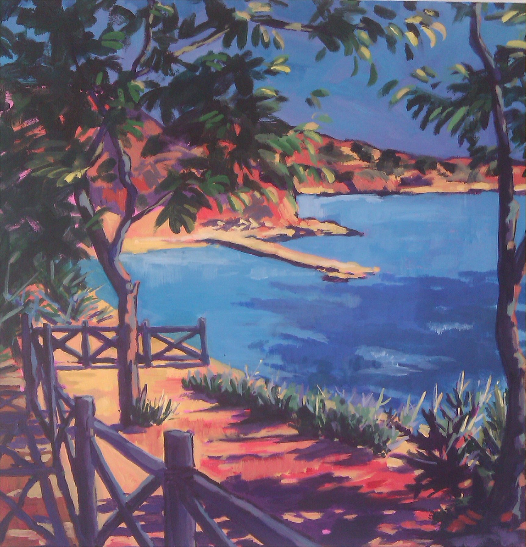 trees sea bay pier mountains fence