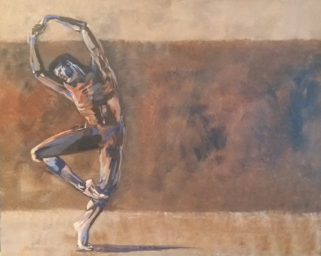 brown male naked dancer balancing brown background