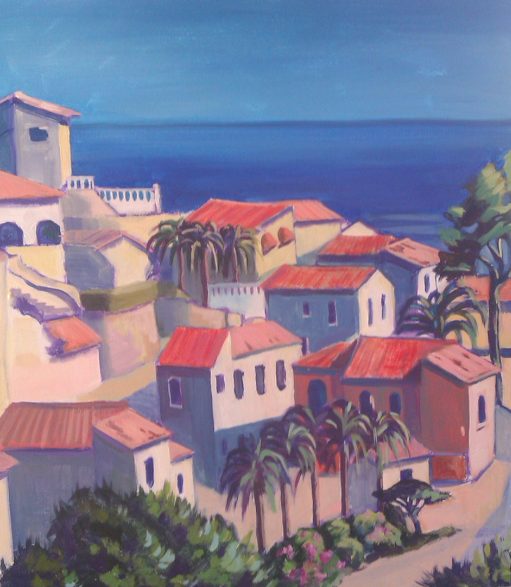 mediterranean houses blue sea and sky trees and bushes