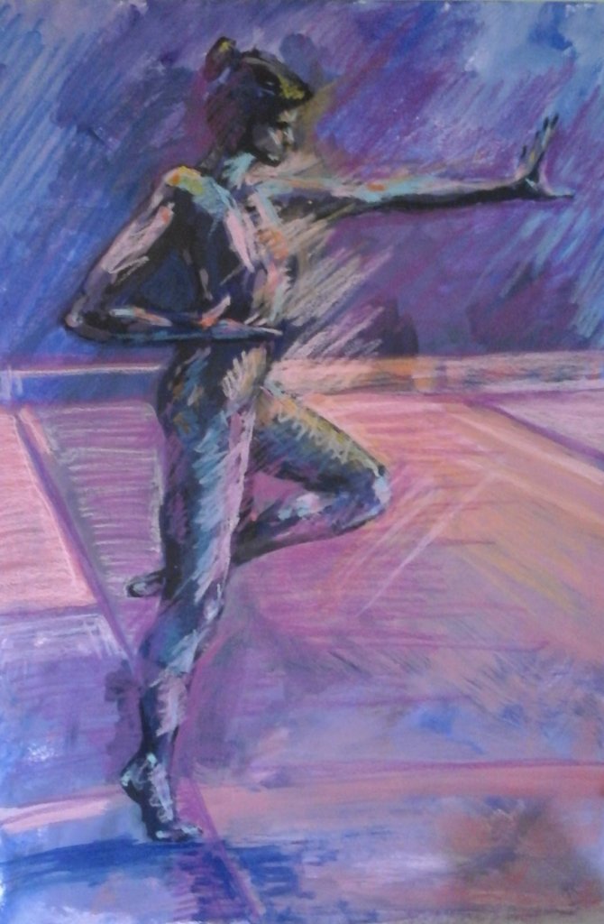 female dancer in profile balancing pink purple background