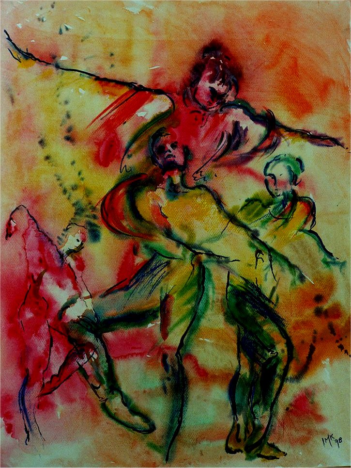 abstract female forms overlapping on pink and green background