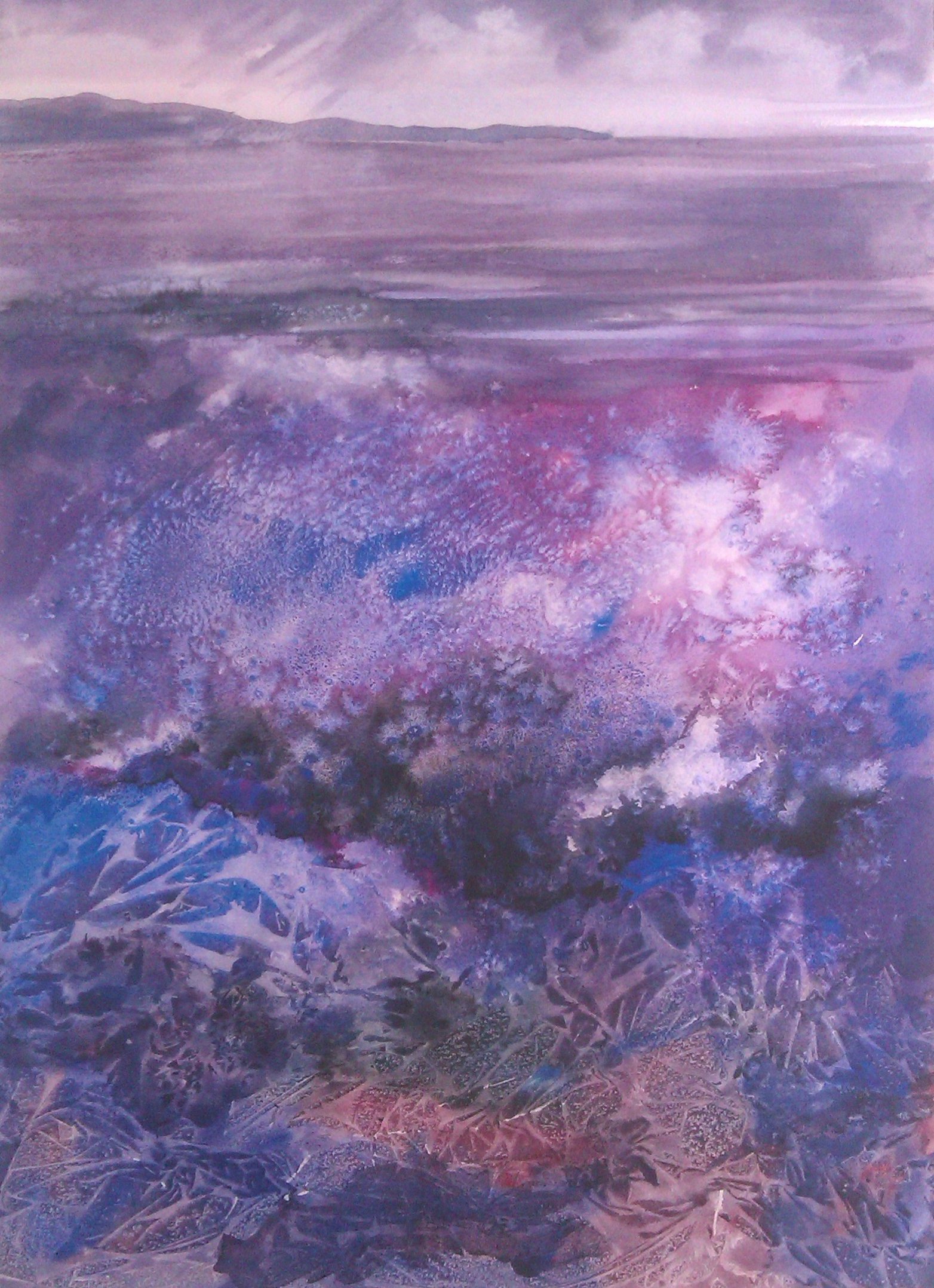 purple seascape foliage mountains and sky