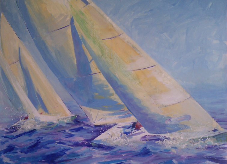 white sails red sailors blue waves and sky