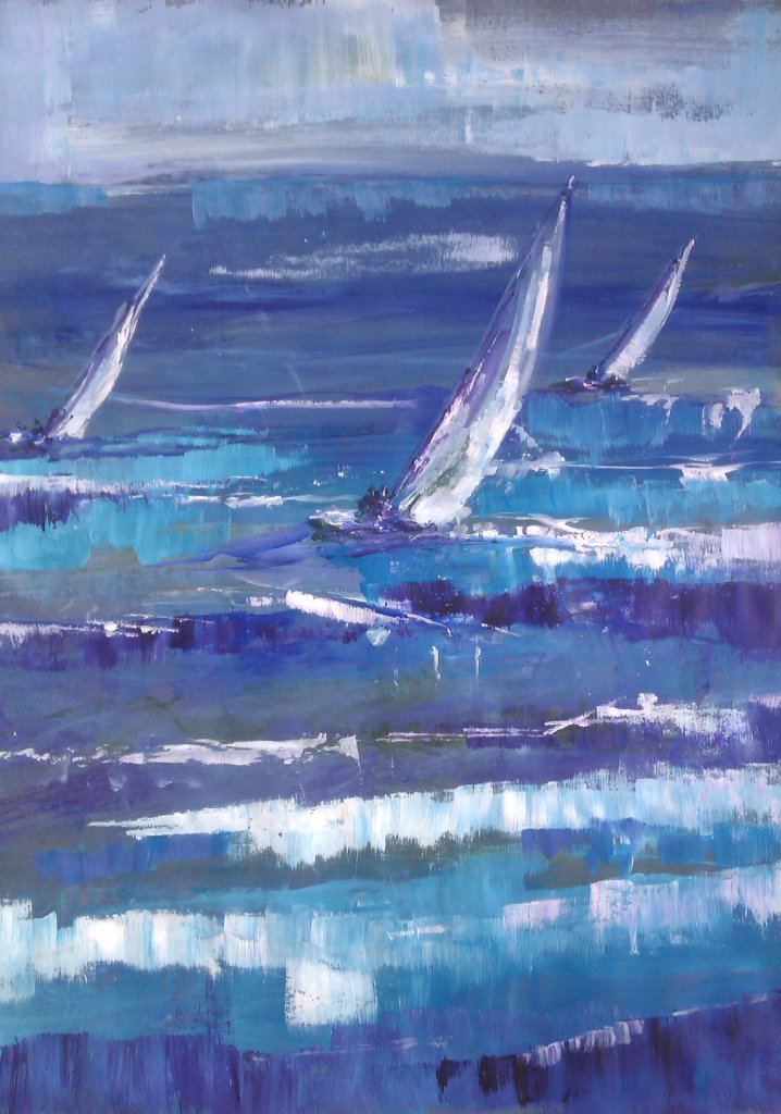 white sails on blue background waves