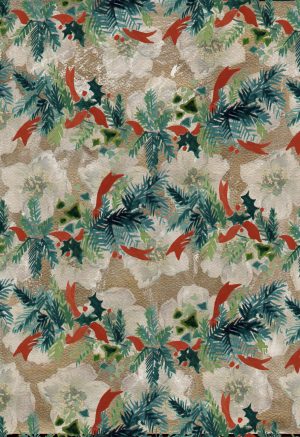 green leaves red bows white flowers on cream background