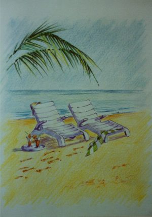 white beach beds green palm on beach blue sea sky green towel cocktails