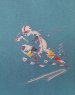 white skier on blue background