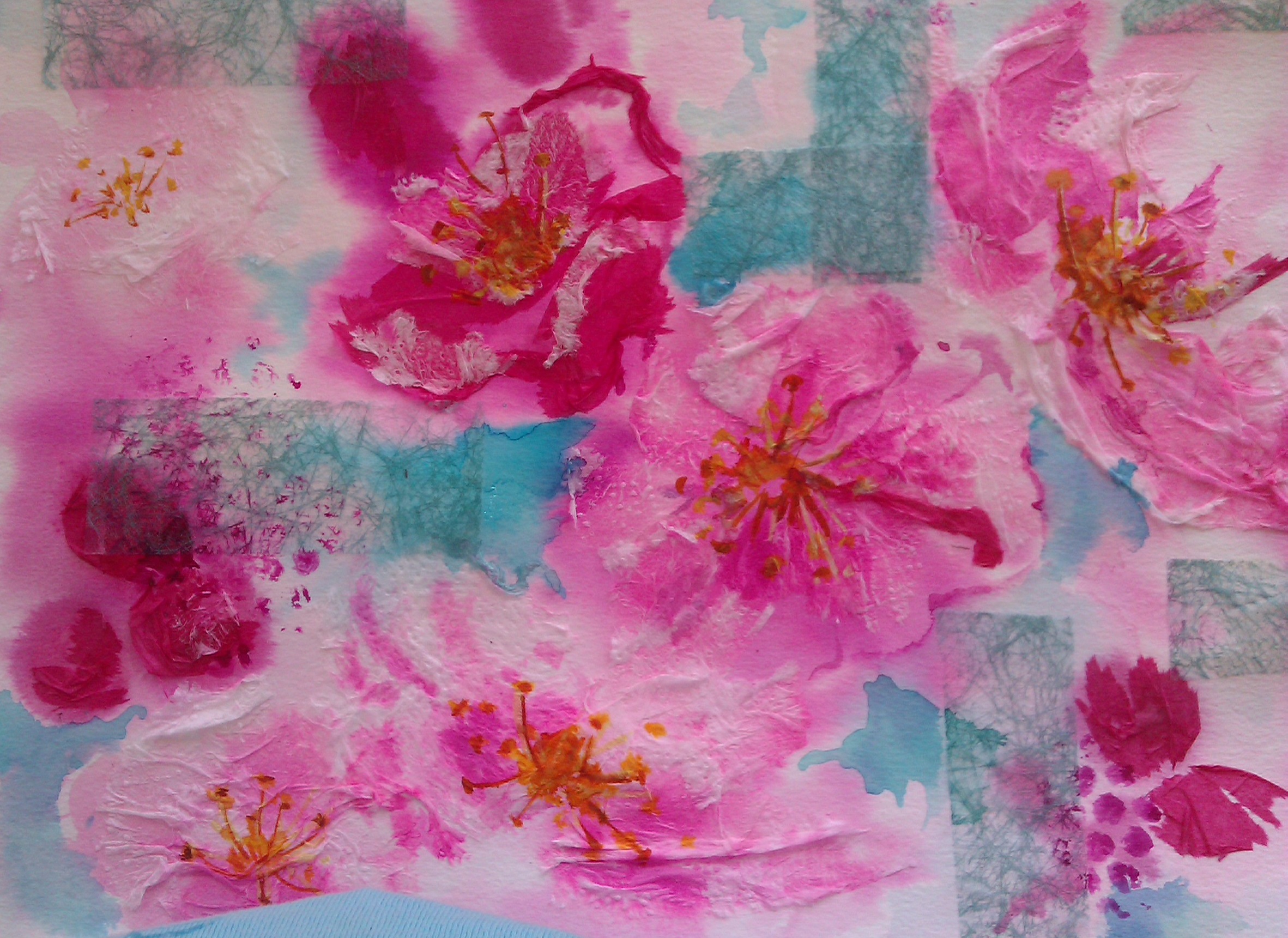 Pink flowers on blue background