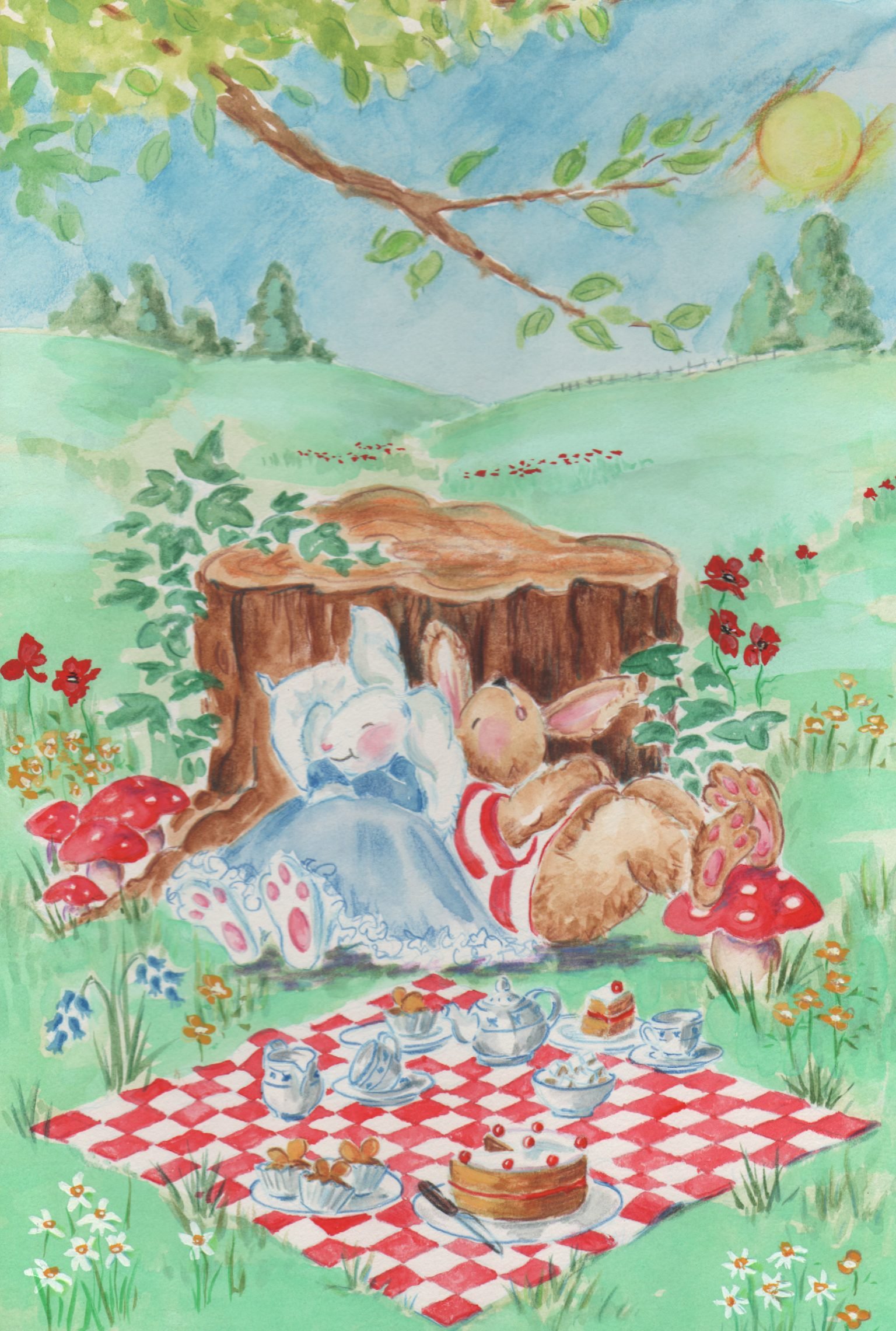 rabbits lying down picnic blanket green field trees mushrooms