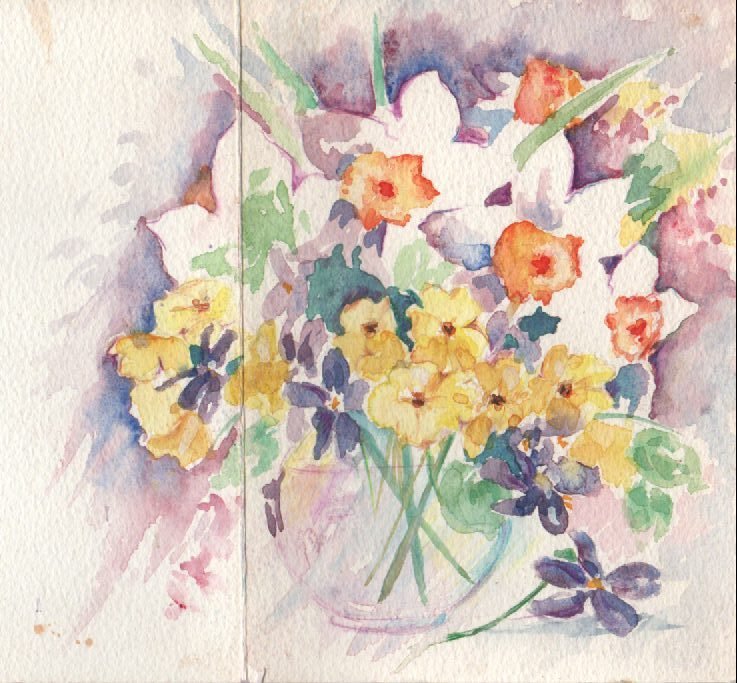 yellow orange white flowers green leaves in vase