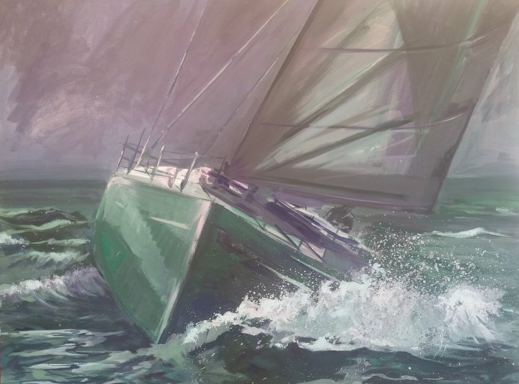 green yacht on green waves