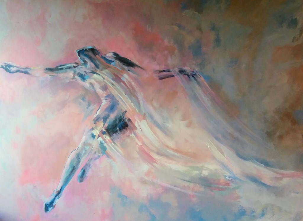 naked dancer reaching in motion pink background