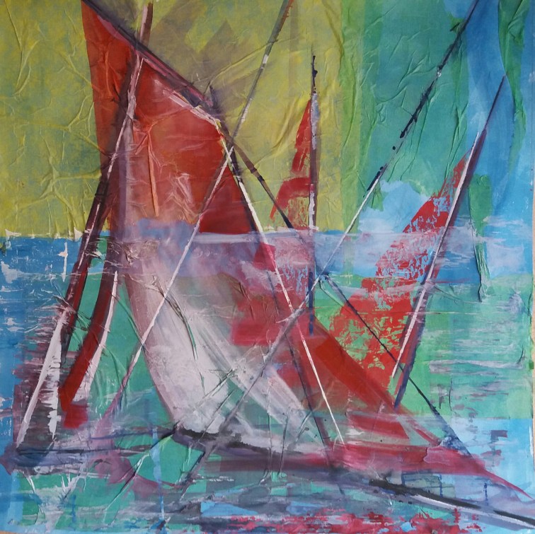 red boats with sails abstract on blue yellow background