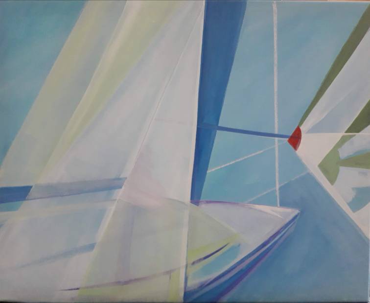 white boat white sail abstract on blue green white red background