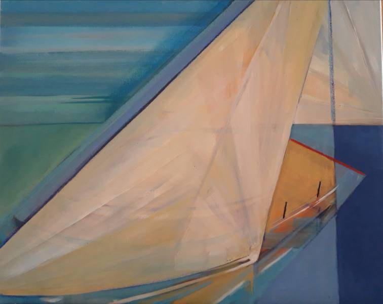 Orange boat white sail abstract on blue background