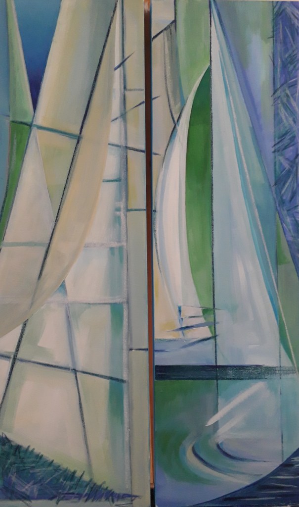 white and green sails abstract on blue background