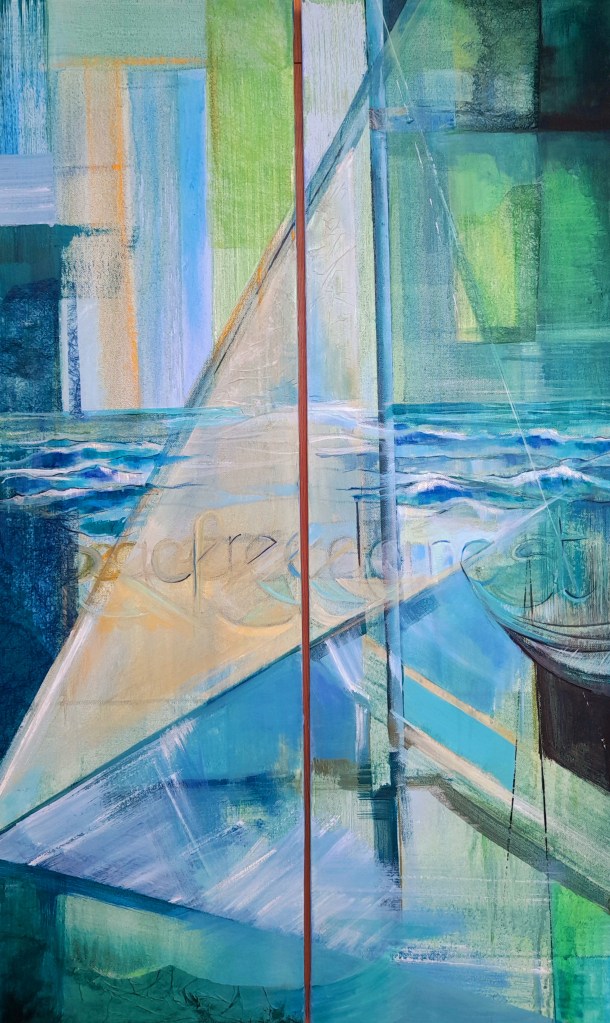 green and blue abstract painting sea yacht boat sailing